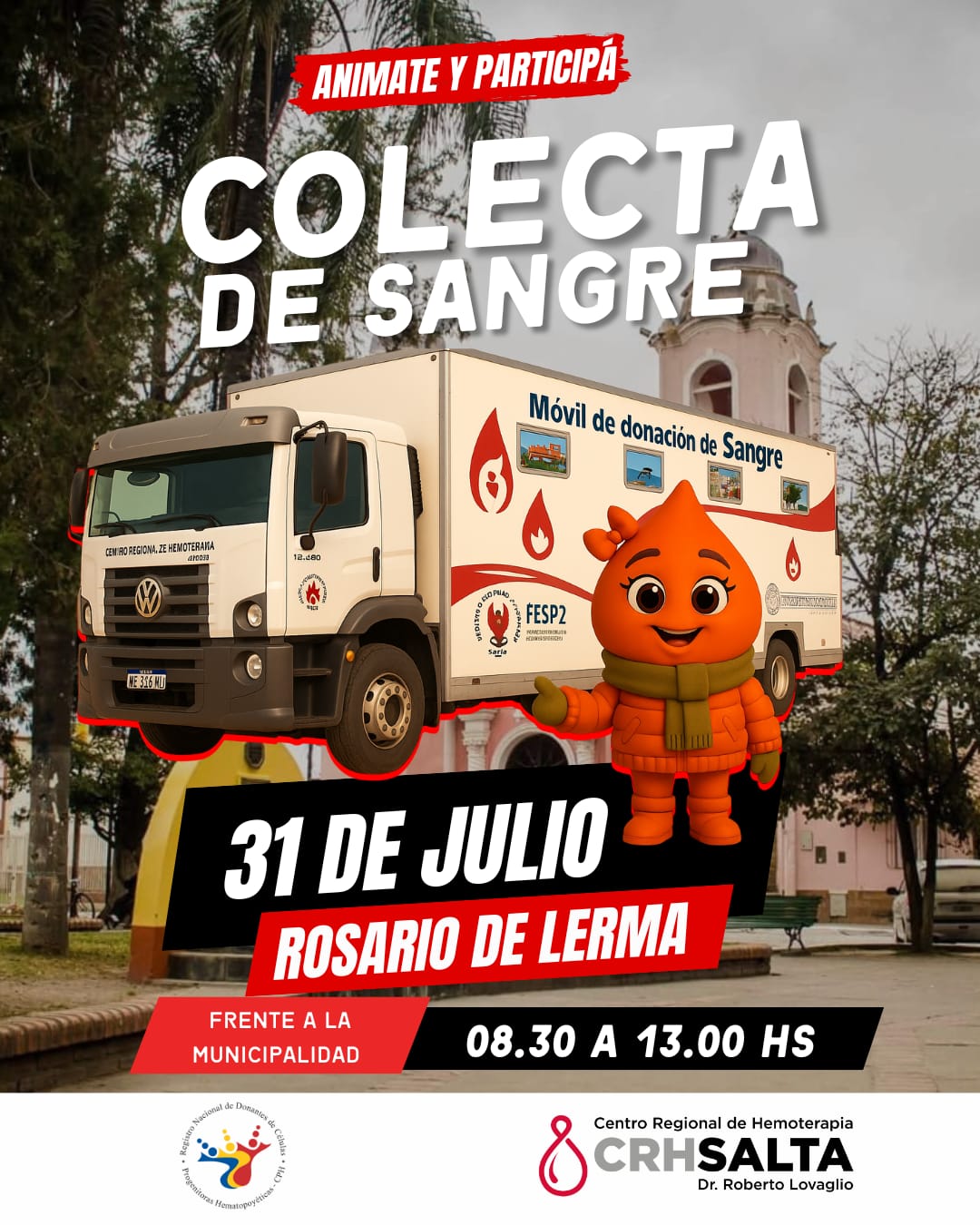 Súmate!!! a la colecta de sangre en la localidad de Rosario de Lerma mañana Jueves 31 de 8.30 a 13.00 hs.
