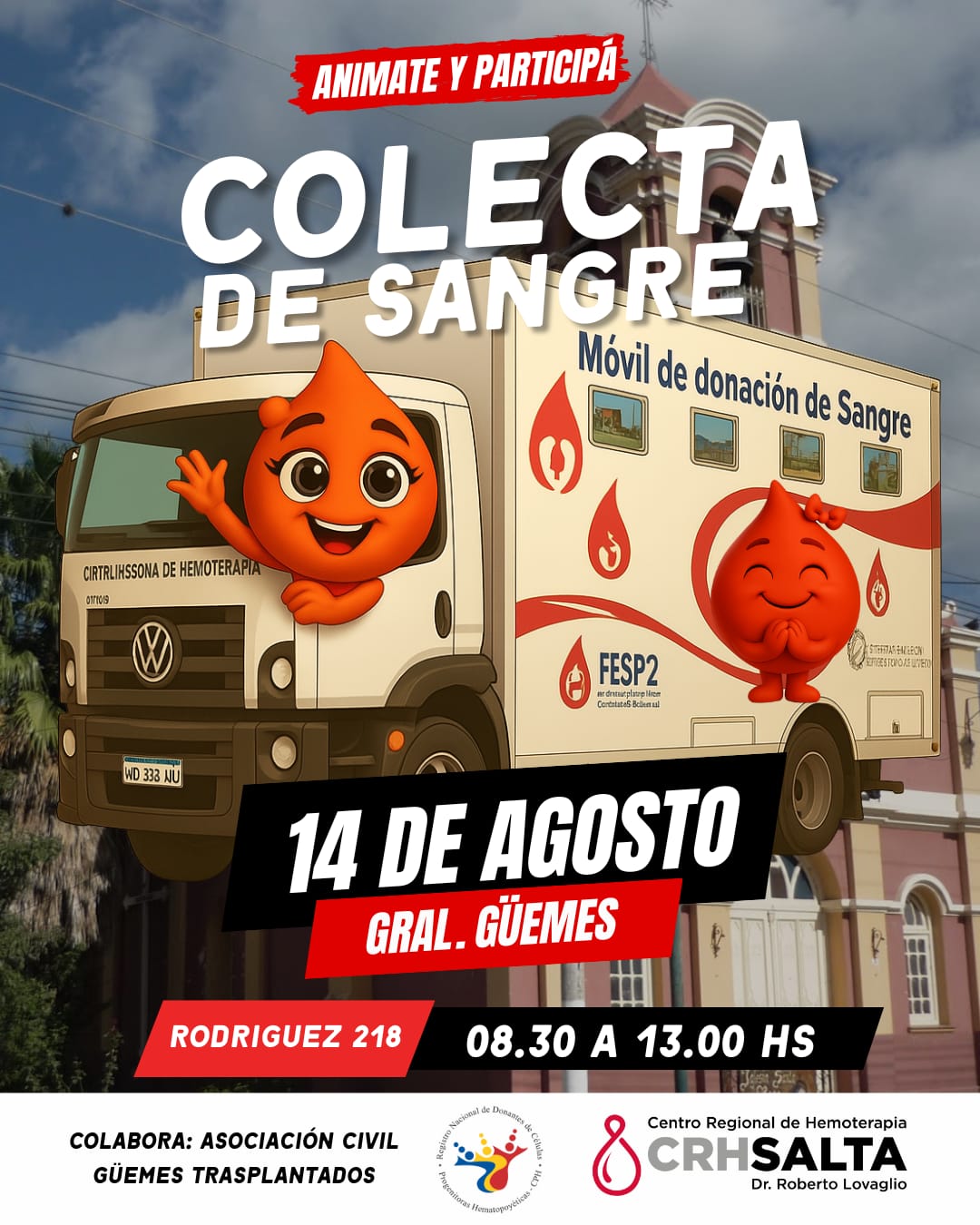 El 14 de agosto podés donar sangre en General Güemes junto a la Asociación Civil Güemes Trasplantados.