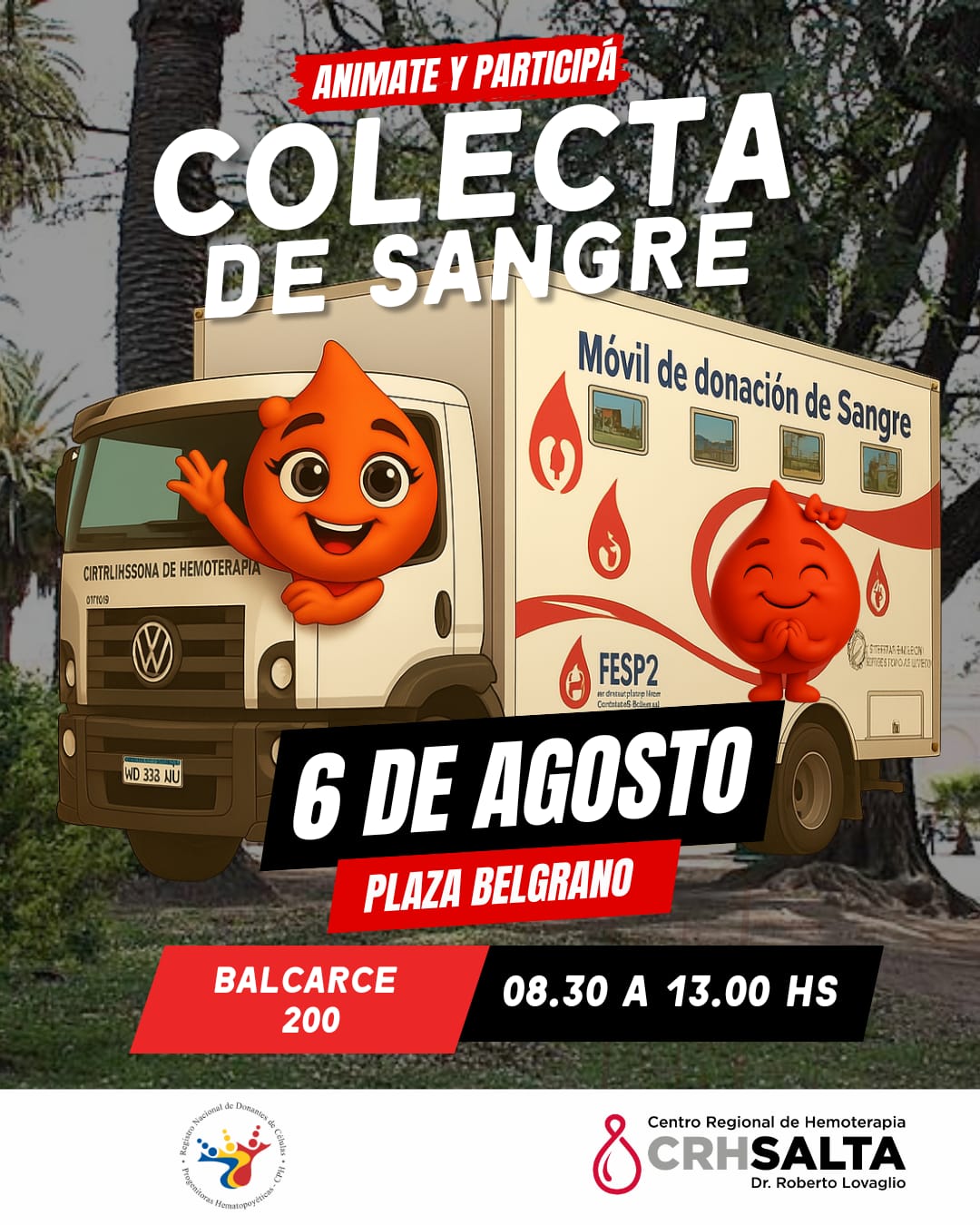 Colecta de sangre miércoles 6 de agosto en plaza Belgrano.